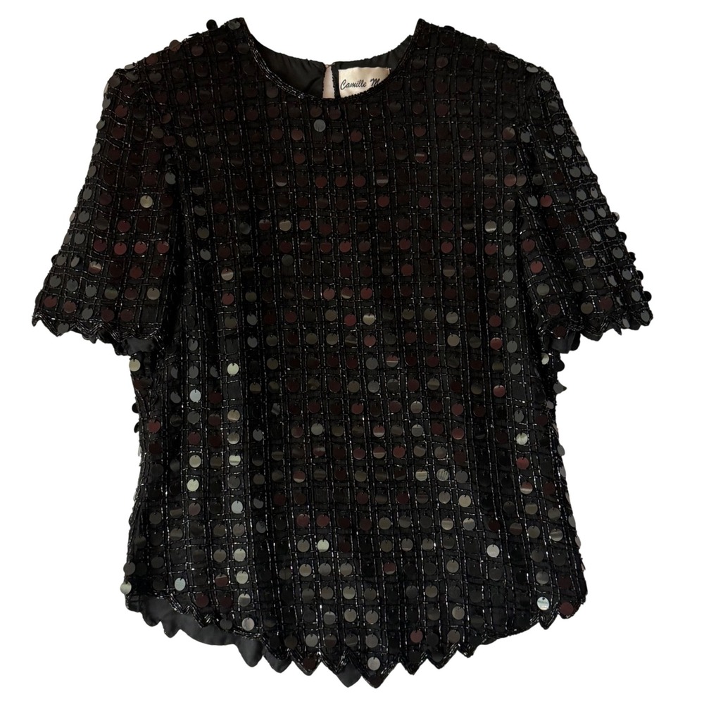 Camille Marie Womens Size XL Black Silk Beaded Sequin Top Vintage Party